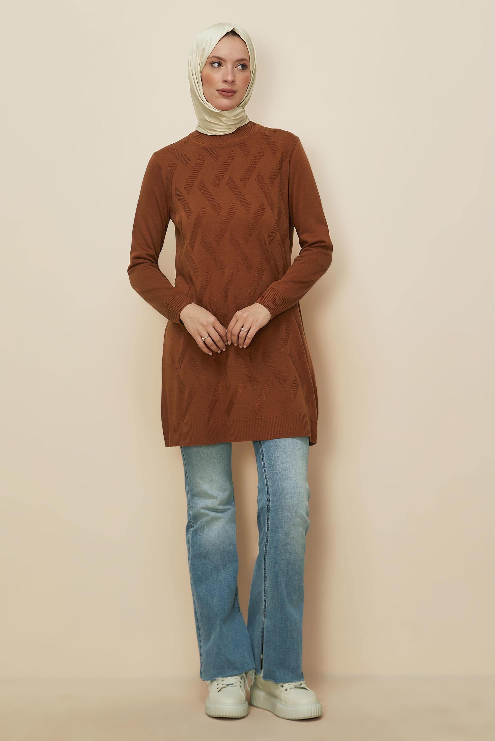 Tesettür giyim TURUNCU DESENLİ TRİKO TUNİK 45813