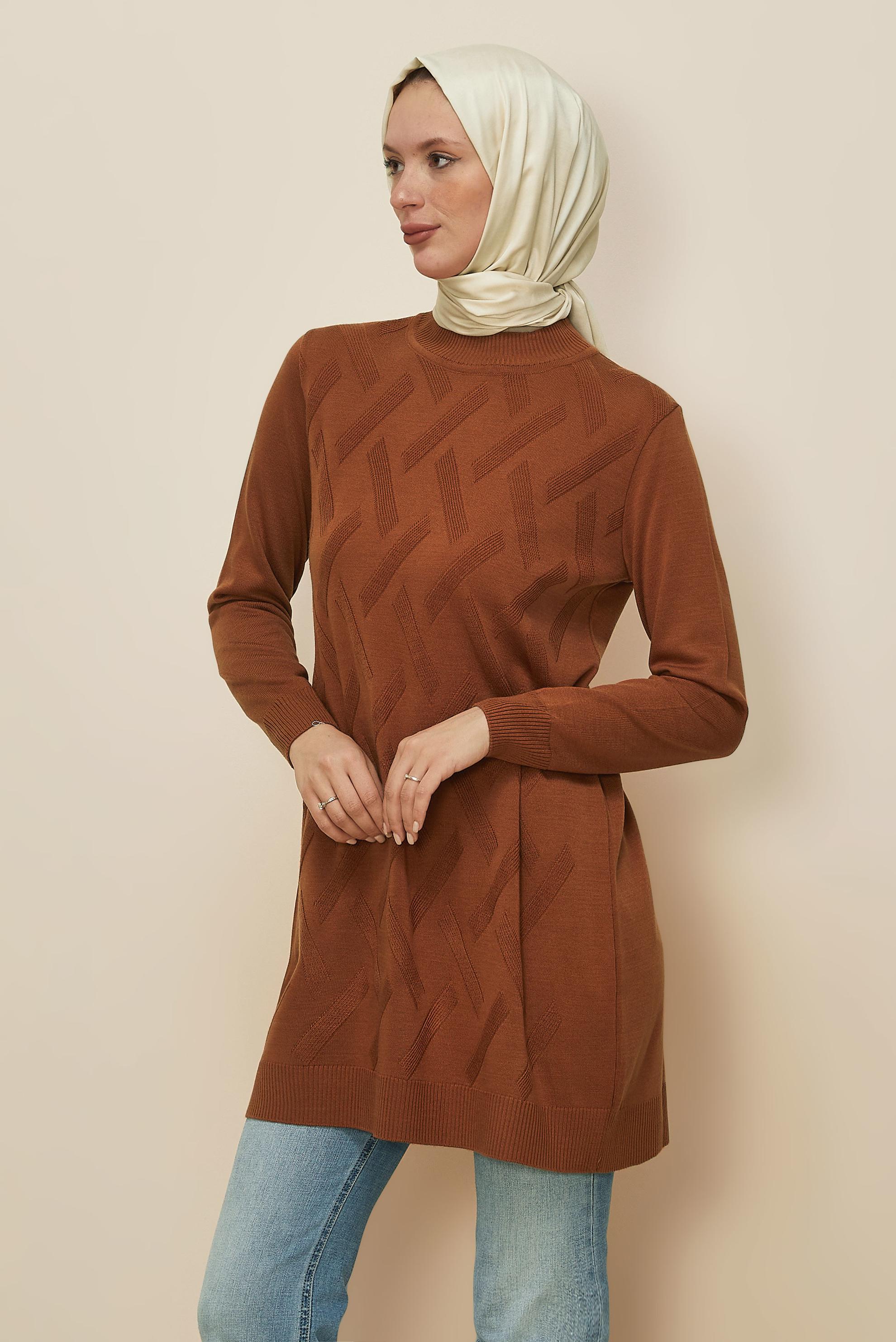 Tesettür giyim TURUNCU DESENLİ TRİKO TUNİK 45813