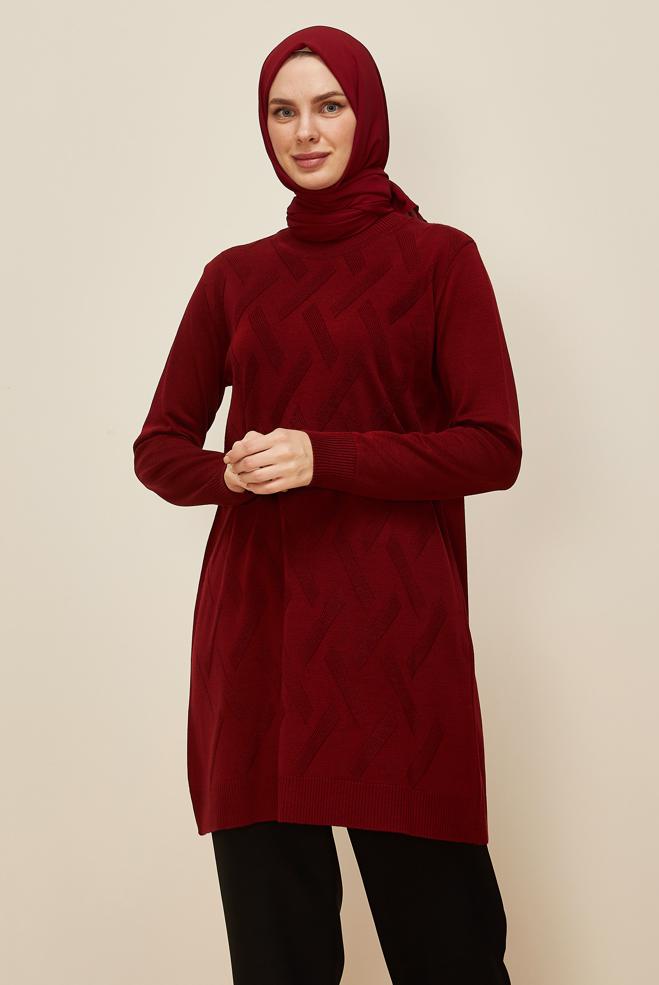 Tesettür giyim BORDO DESENLİ TRİKO TUNİK 45813 - ALVİNA