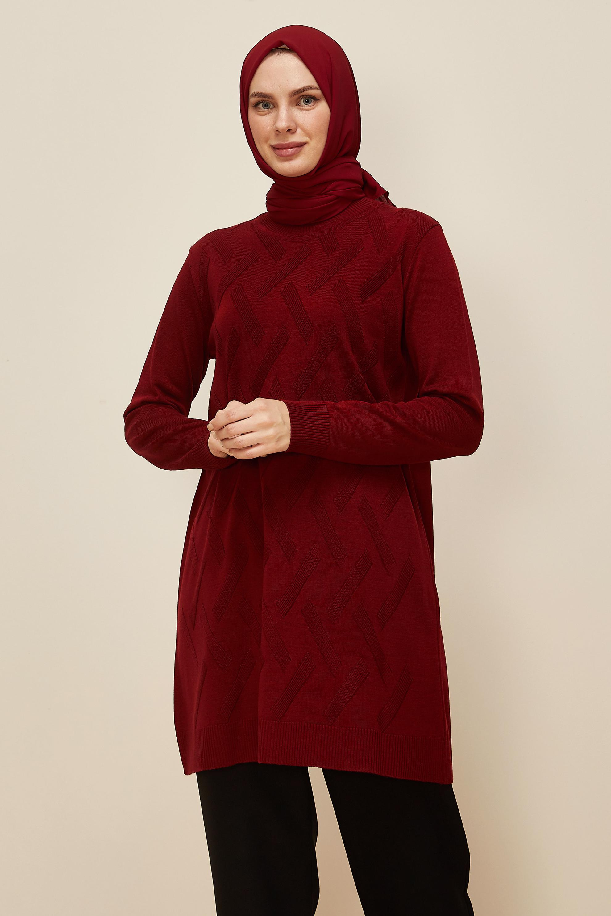 Tesettür giyim BORDO DESENLİ TRİKO TUNİK 45813