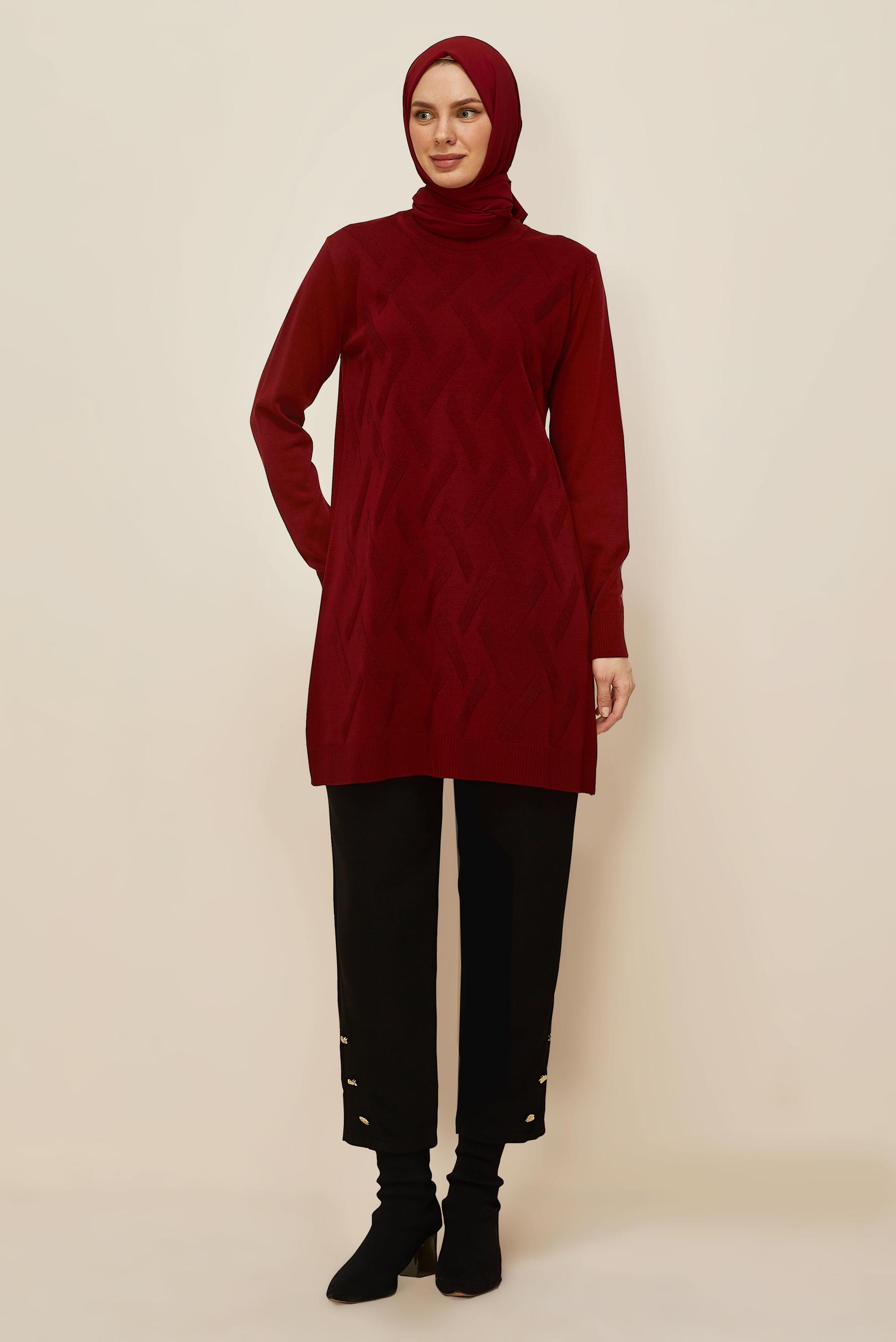 Tesettür giyim BORDO DESENLİ TRİKO TUNİK 45813