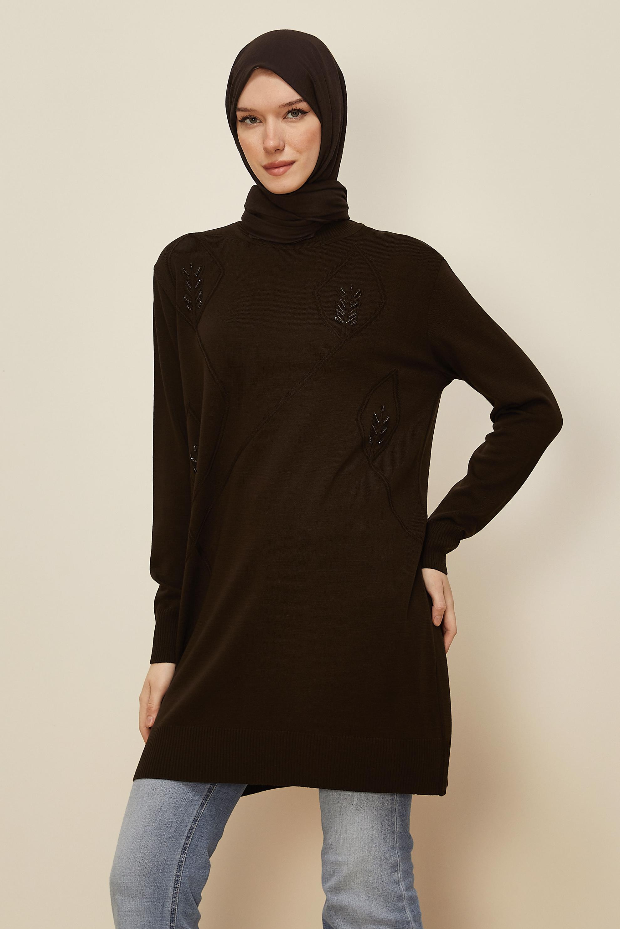 Tesettür giyim KAHVE NAKIŞLI TRİKO TUNİK 45814