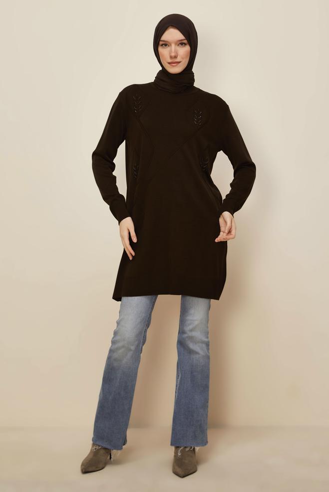 Tesettür giyim KAHVE NAKIŞLI TRİKO TUNİK 45814 - ALVİNA