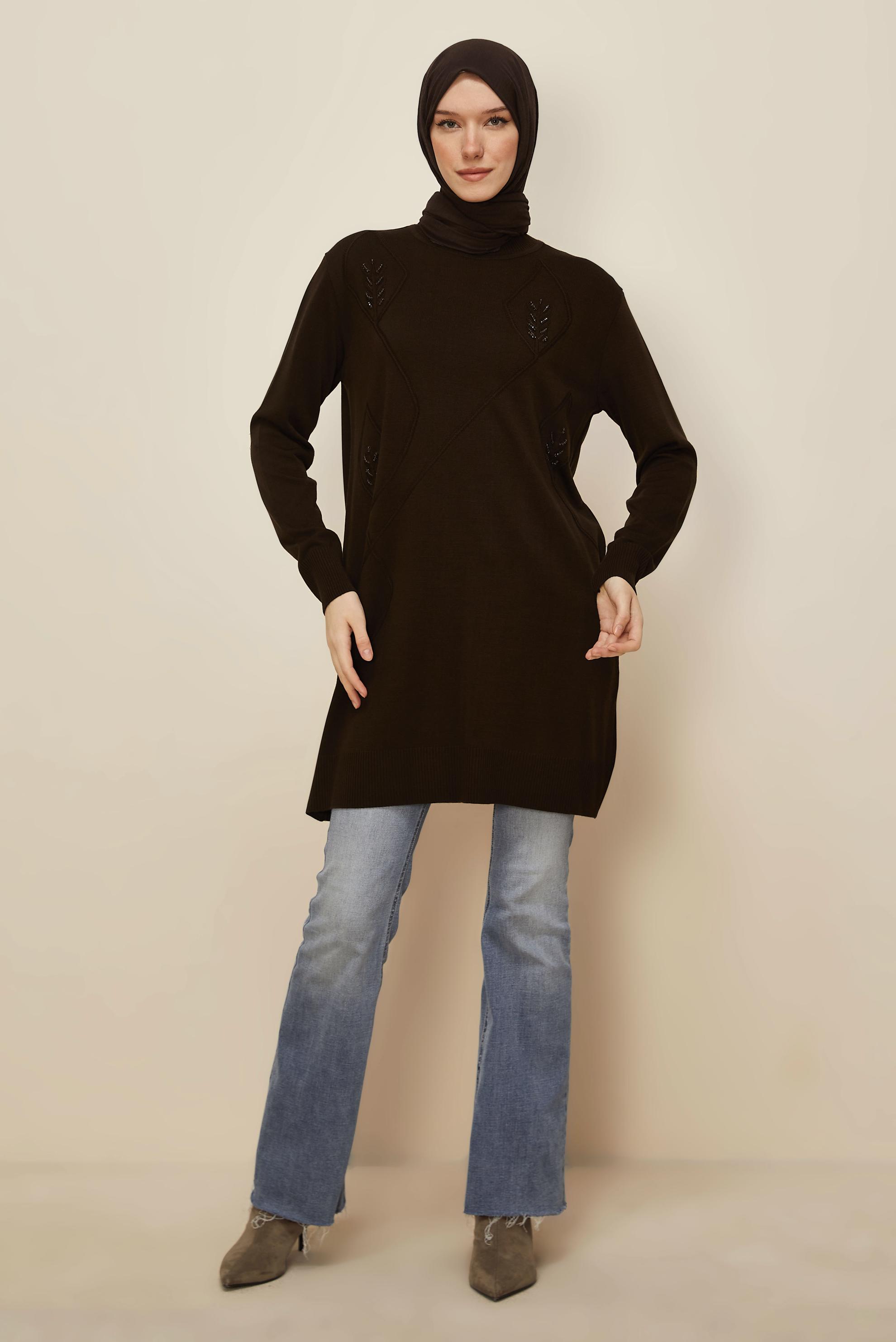 Tesettür giyim KAHVE NAKIŞLI TRİKO TUNİK 45814