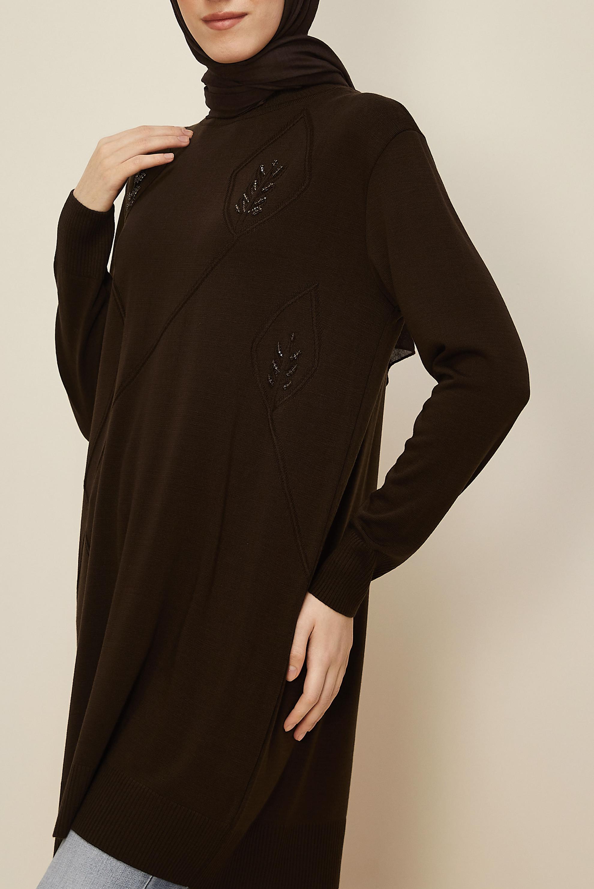 Tesettür giyim KAHVE NAKIŞLI TRİKO TUNİK 45814
