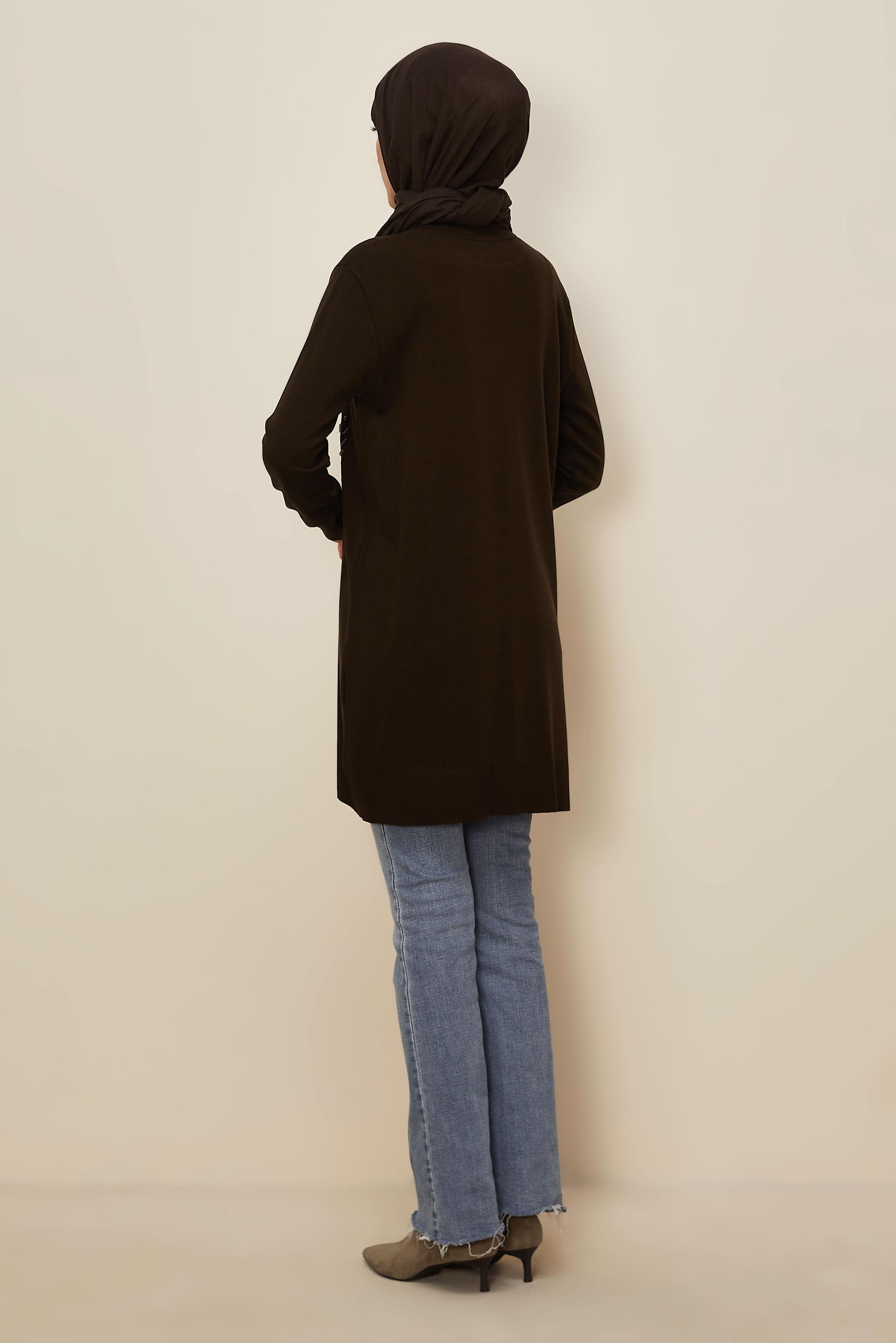 Tesettür giyim KAHVE NAKIŞLI TRİKO TUNİK 45814