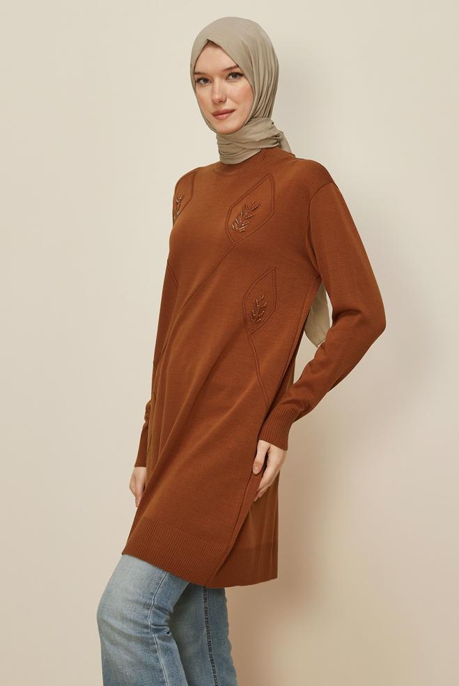 Tesettür giyim TURUNCU NAKIŞLI TRİKO TUNİK 45814 - ALVİNA