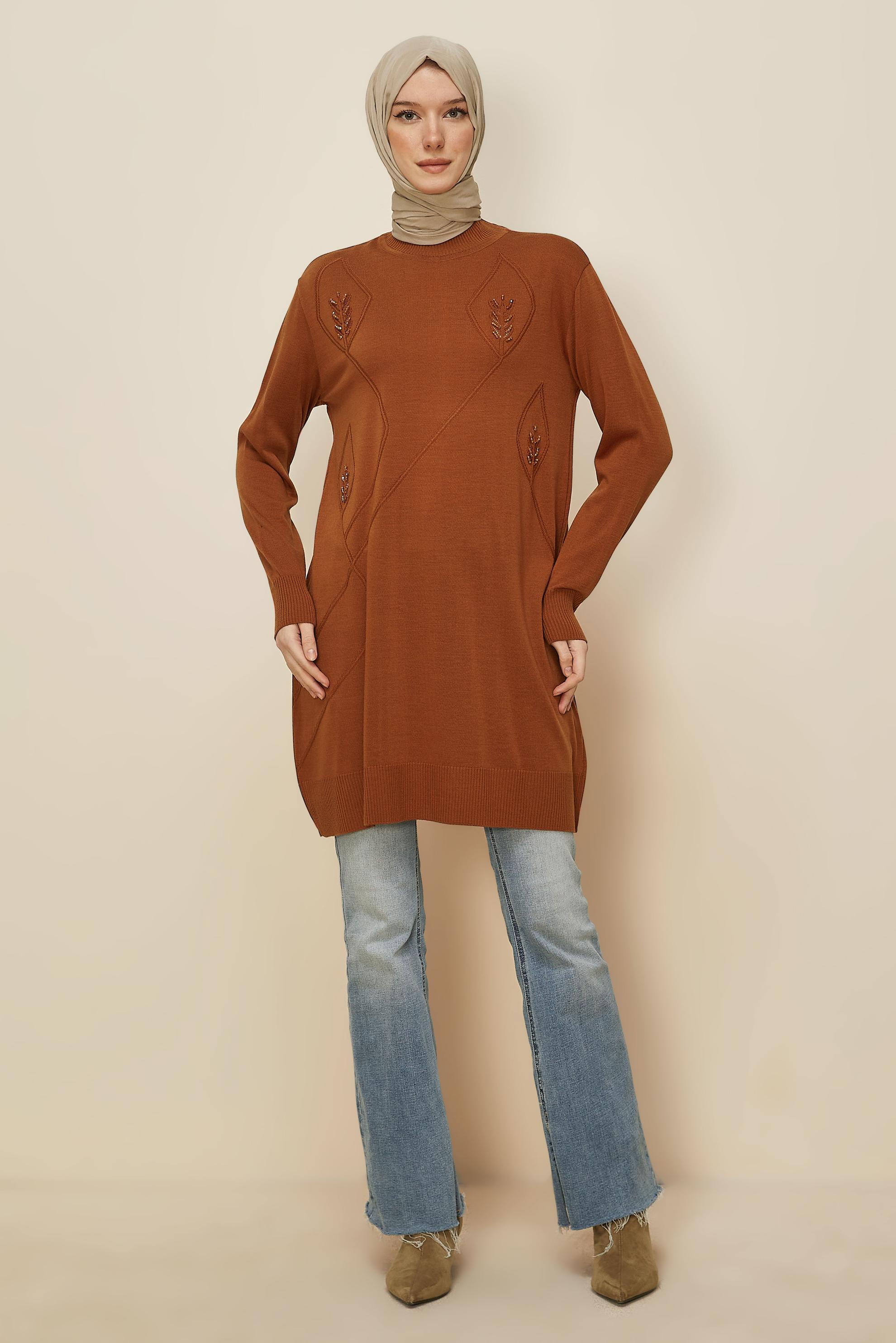 Tesettür giyim TURUNCU NAKIŞLI TRİKO TUNİK 45814