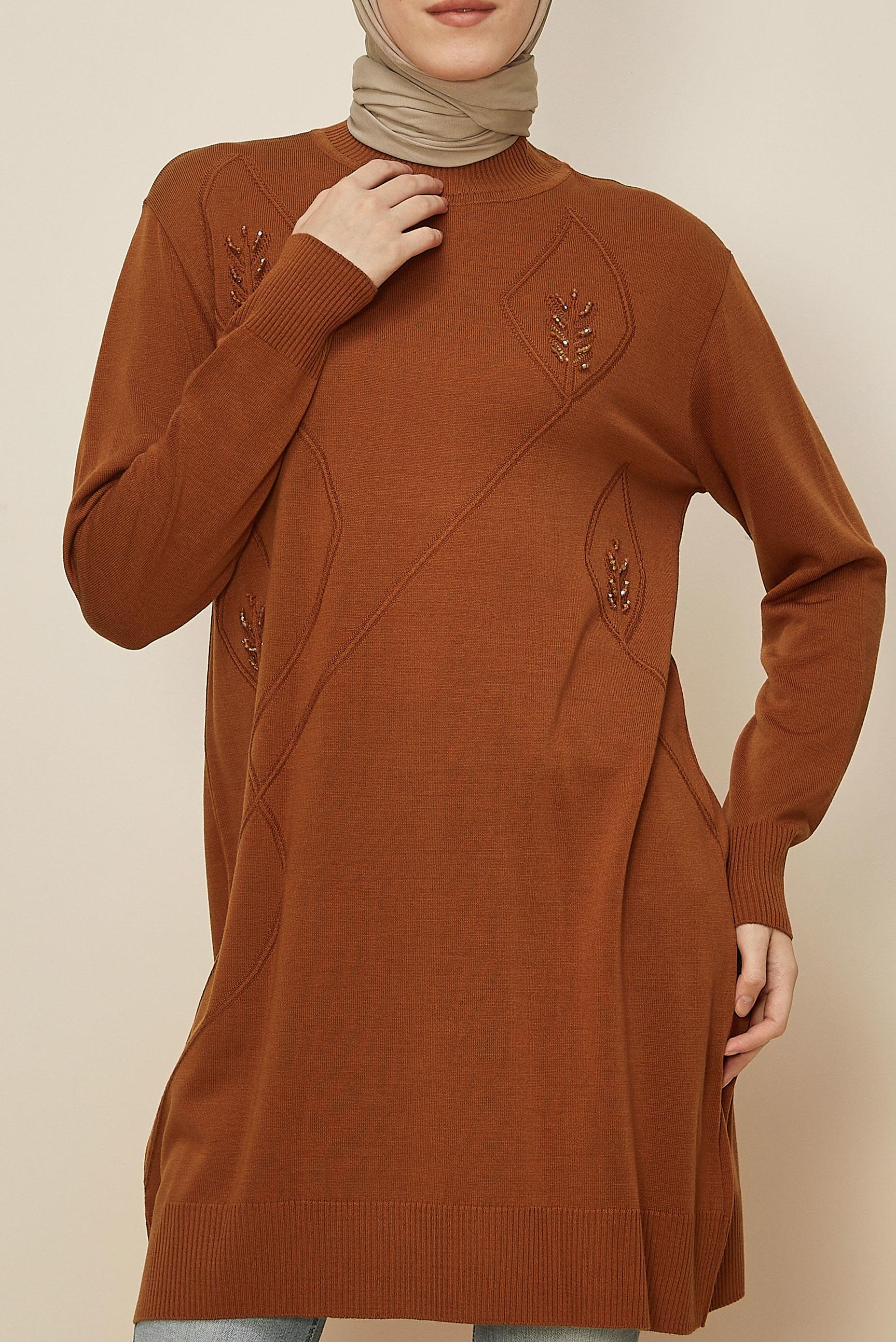 Tesettür giyim TURUNCU NAKIŞLI TRİKO TUNİK 45814