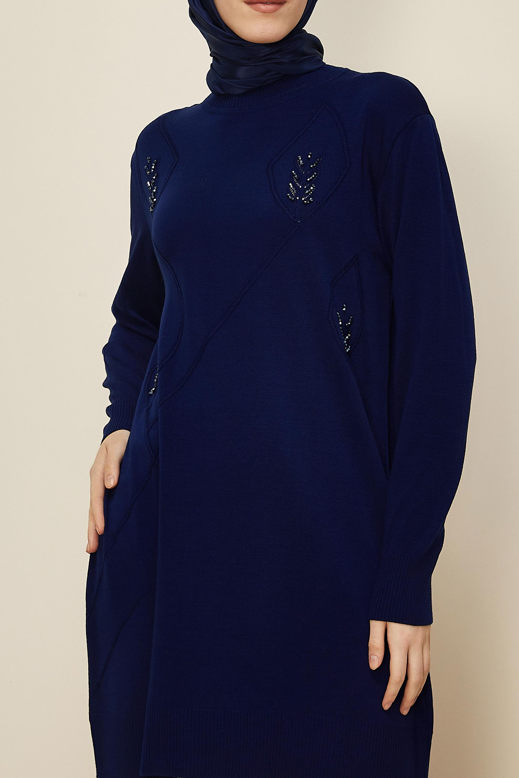 Tesettür giyim LACİVERT NAKIŞLI TRİKO TUNİK 45814