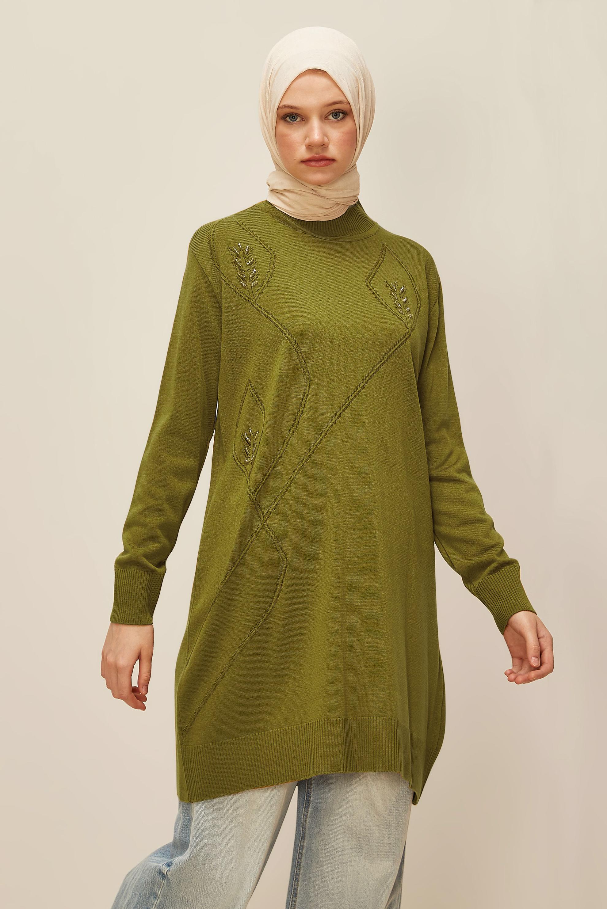 Tesettür giyim YEŞİL NAKIŞLI TRİKO TUNİK 45814