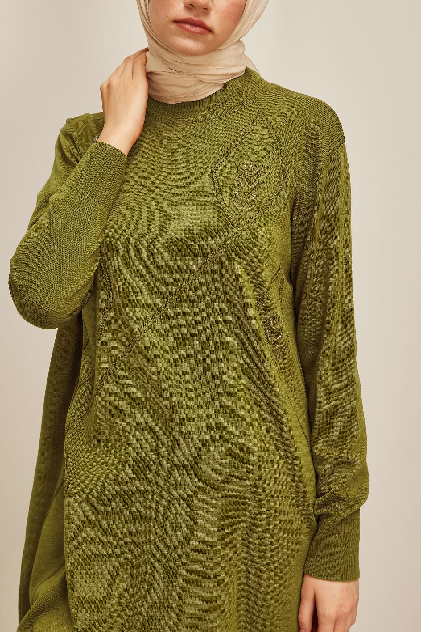 Tesettür giyim YEŞİL NAKIŞLI TRİKO TUNİK 45814