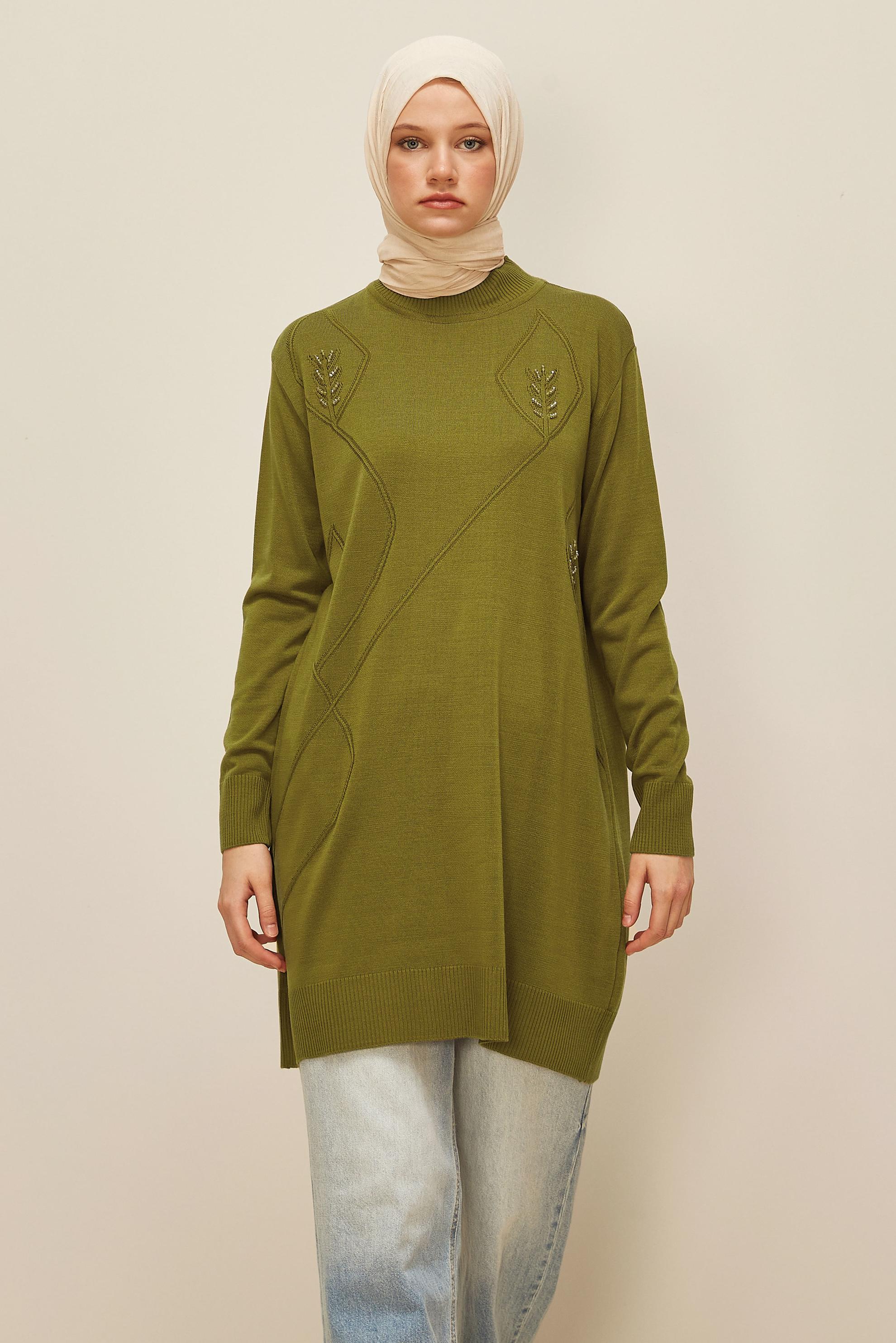 Tesettür giyim YEŞİL NAKIŞLI TRİKO TUNİK 45814