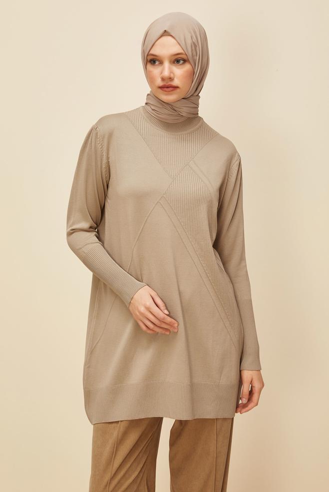 Vêtements hijab BEIGE TUNIQUE EN MAILLE 45841 - ALVİNA