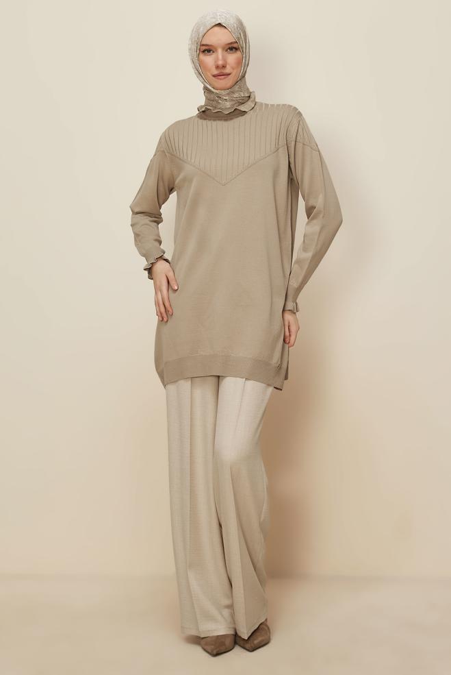 Tesettür giyim BEJ TRİKO TUNİK 45845 - ALVİNA