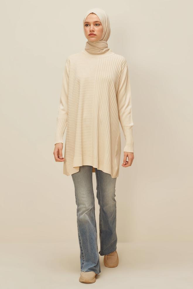 Hijab clothing BEIGE KNITWEAR TUNIC 45846 - ALVİNA
