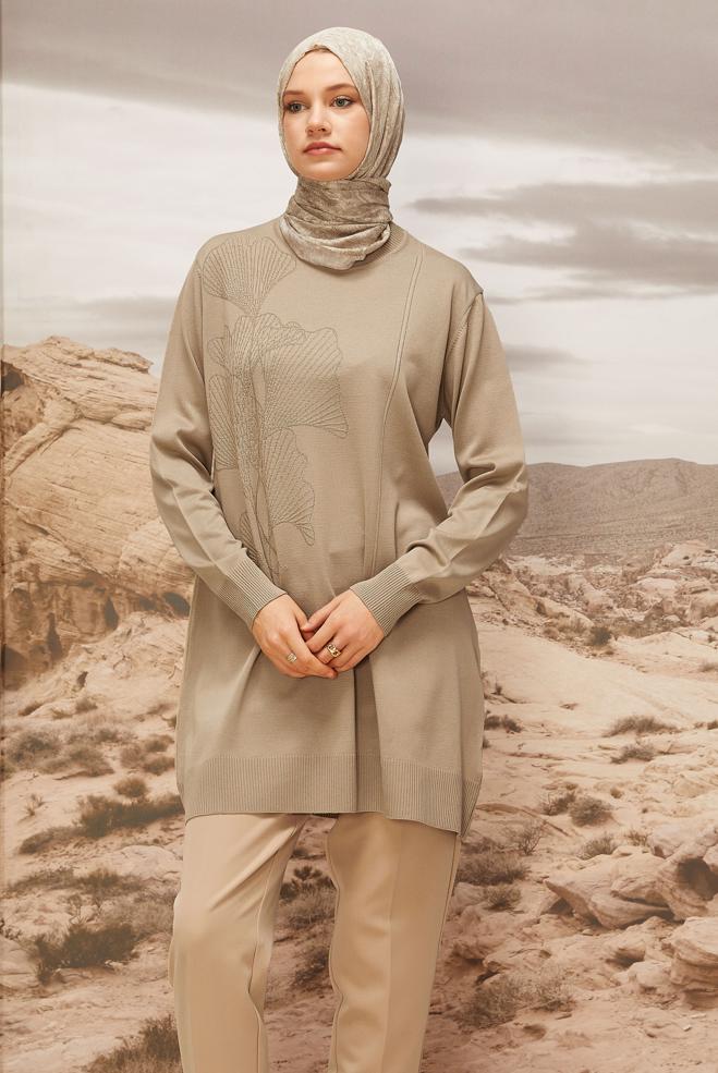Vêtements hijab BEIGE TUNIQUE EN MAILLE 45852 - ALVİNA