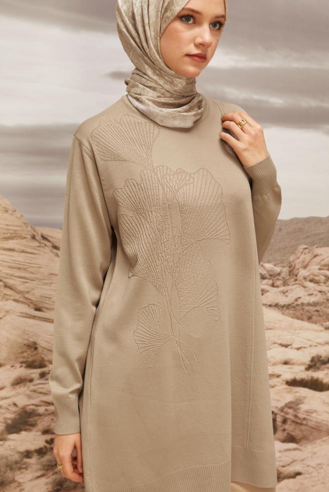Vêtements hijab BEIGE TUNIQUE EN MAILLE 45852 - ALVİNA