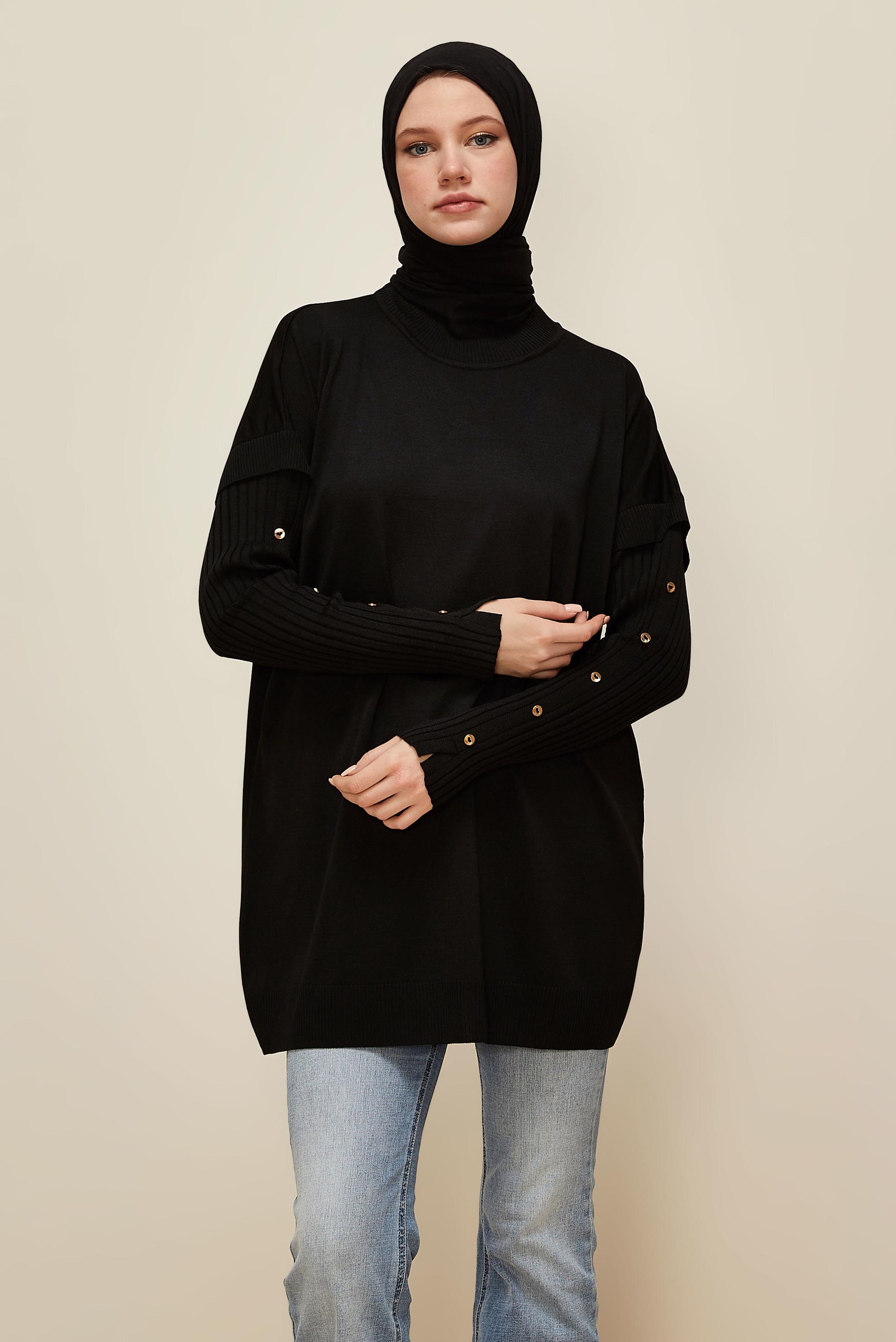 Tesettür giyim SİYAH DÜĞME DETAYLI TRİKO TUNİK 45853