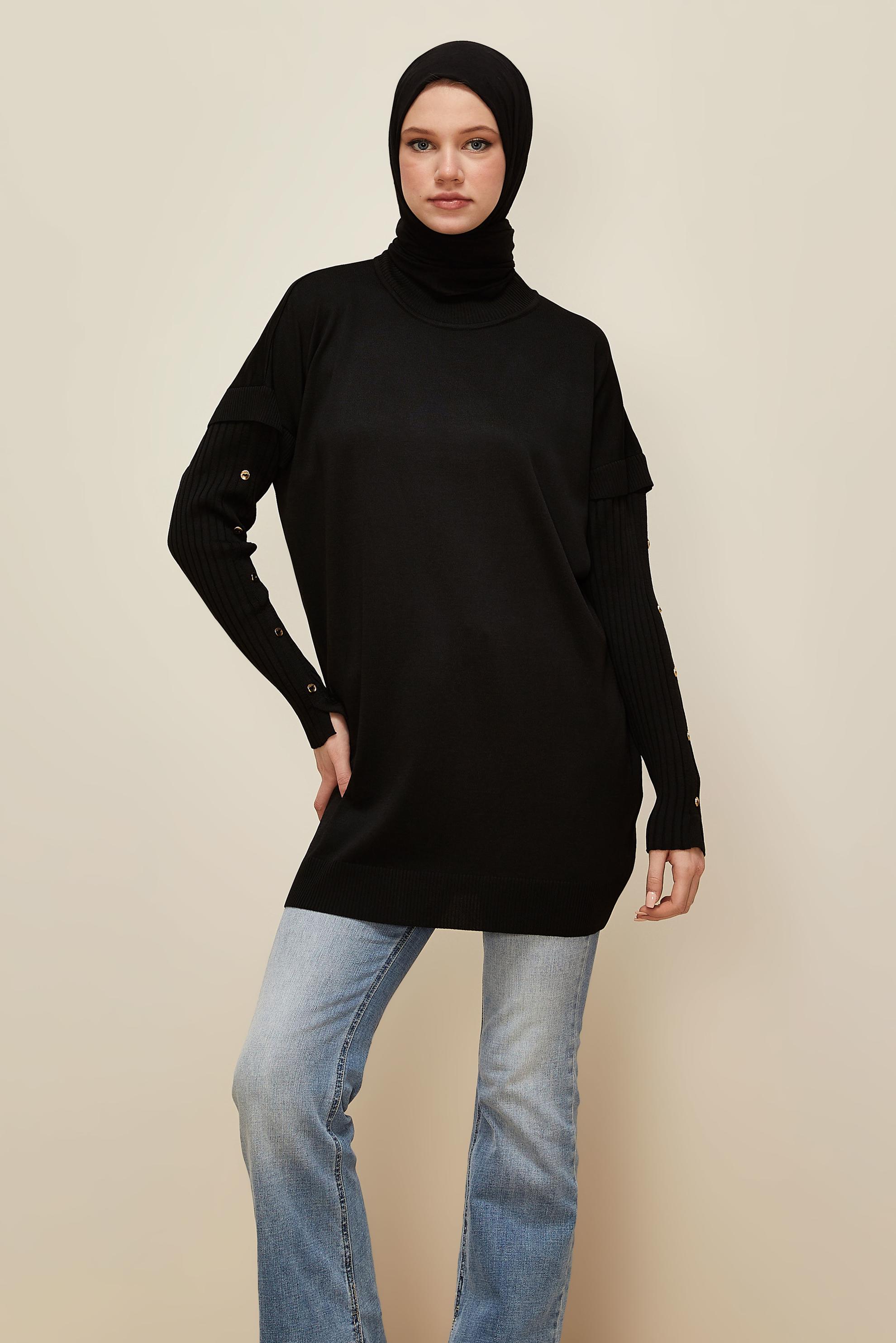 Tesettür giyim SİYAH DÜĞME DETAYLI TRİKO TUNİK 45853