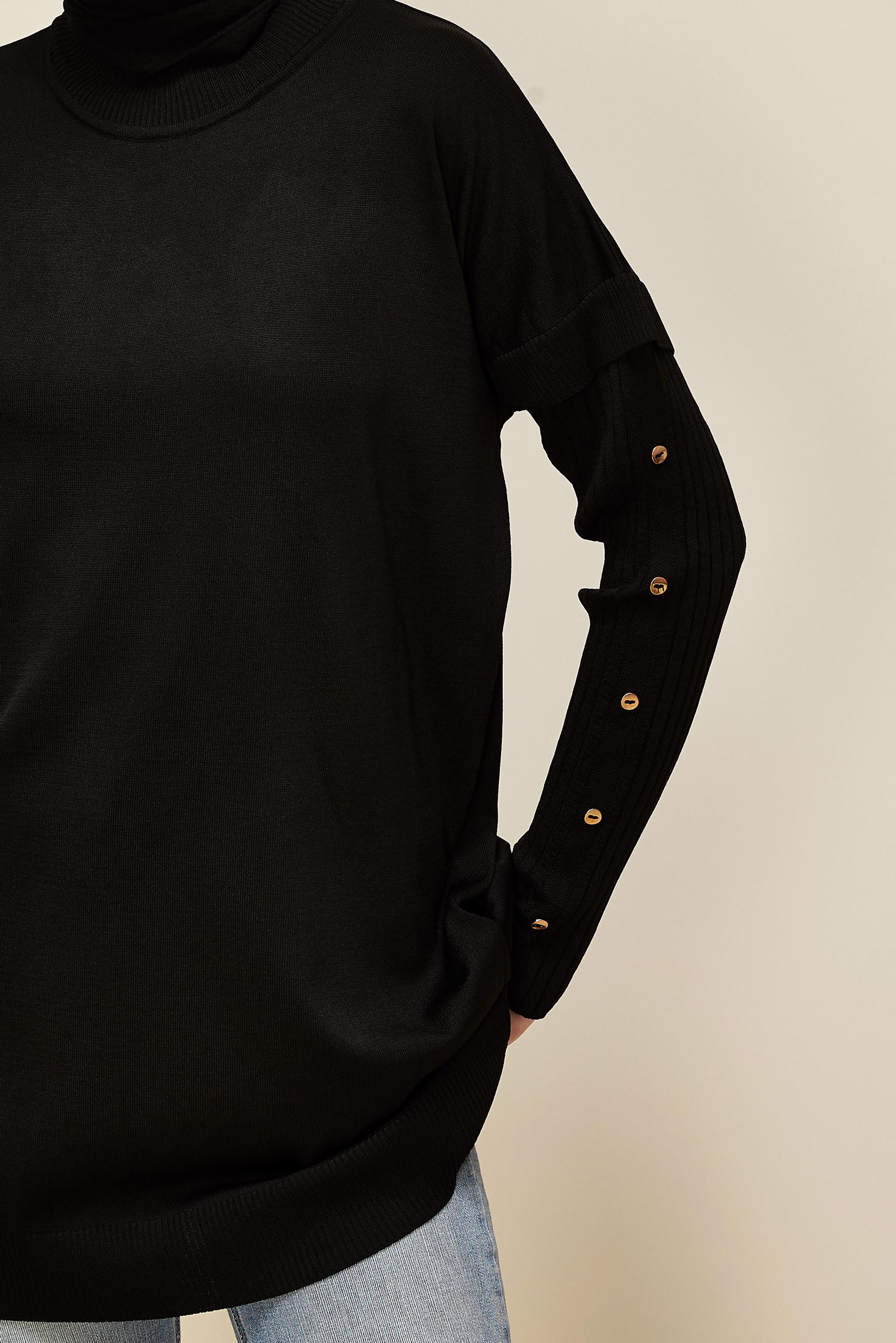 Tesettür giyim SİYAH DÜĞME DETAYLI TRİKO TUNİK 45853