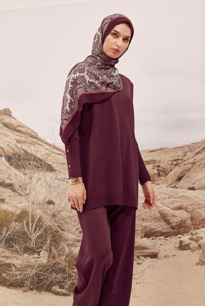 Hijab clothing CLARET RED BUTTON DETAILED KNITWEAR TUNIC 45853 - ALVİNA