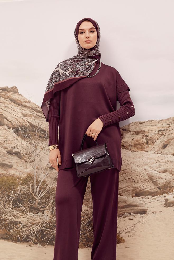 Hijab clothing CLARET RED BUTTON DETAILED KNITWEAR TUNIC 45853 - ALVİNA
