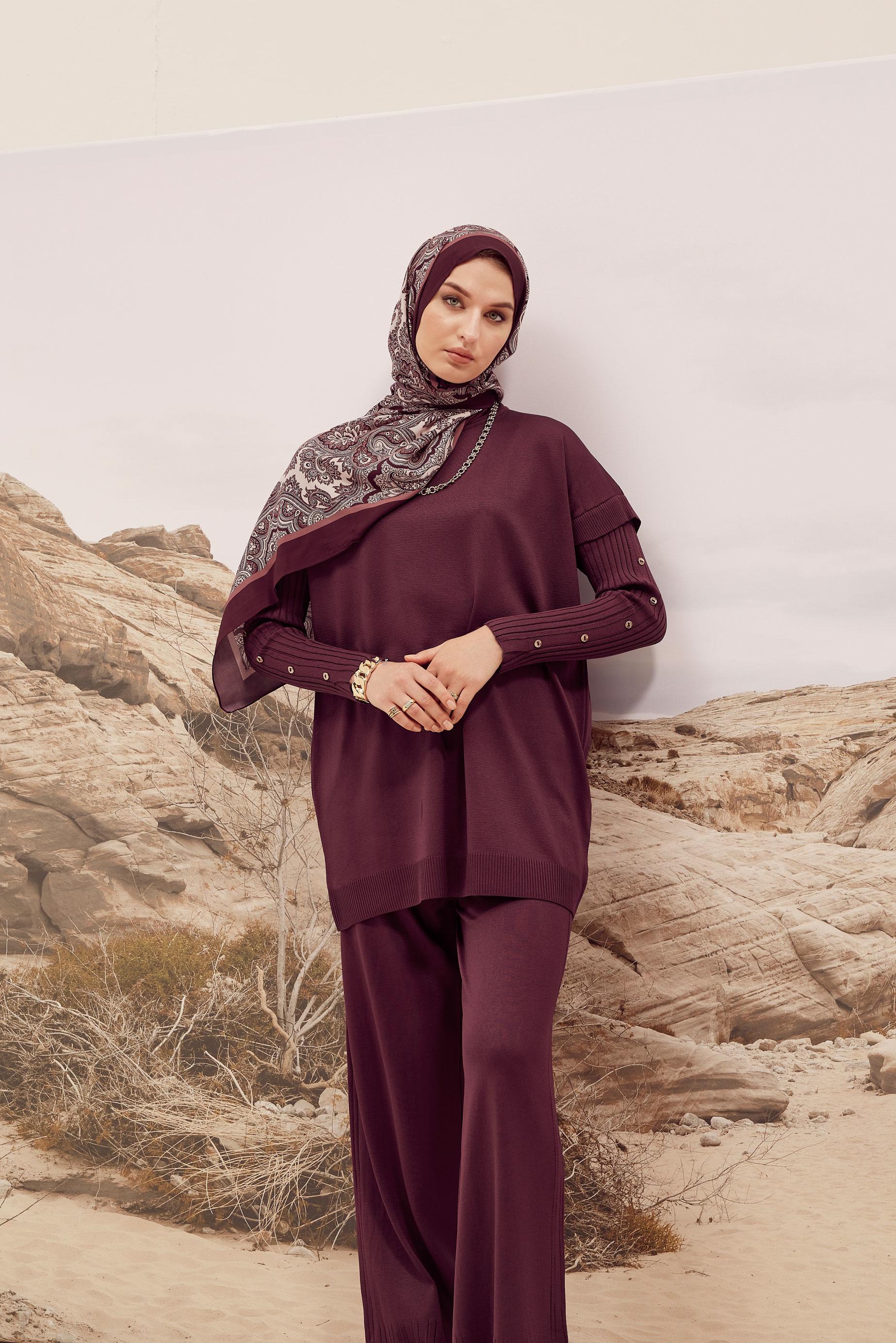 Hijab clothing CLARET RED BUTTON DETAILED KNITWEAR TUNIC 45853