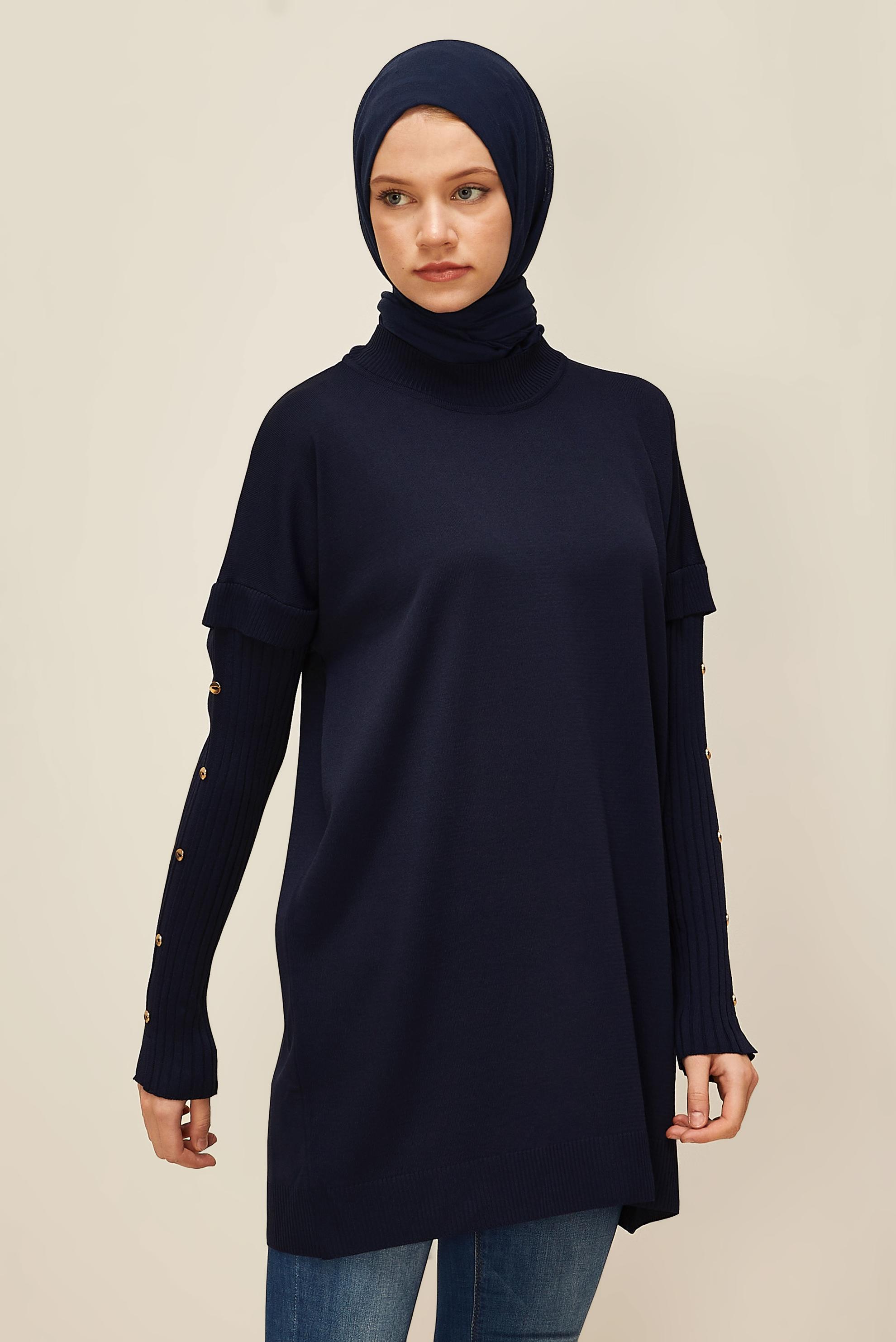 Tesettür giyim LACİVERT DÜĞME DETAYLI TRİKO TUNİK 45853