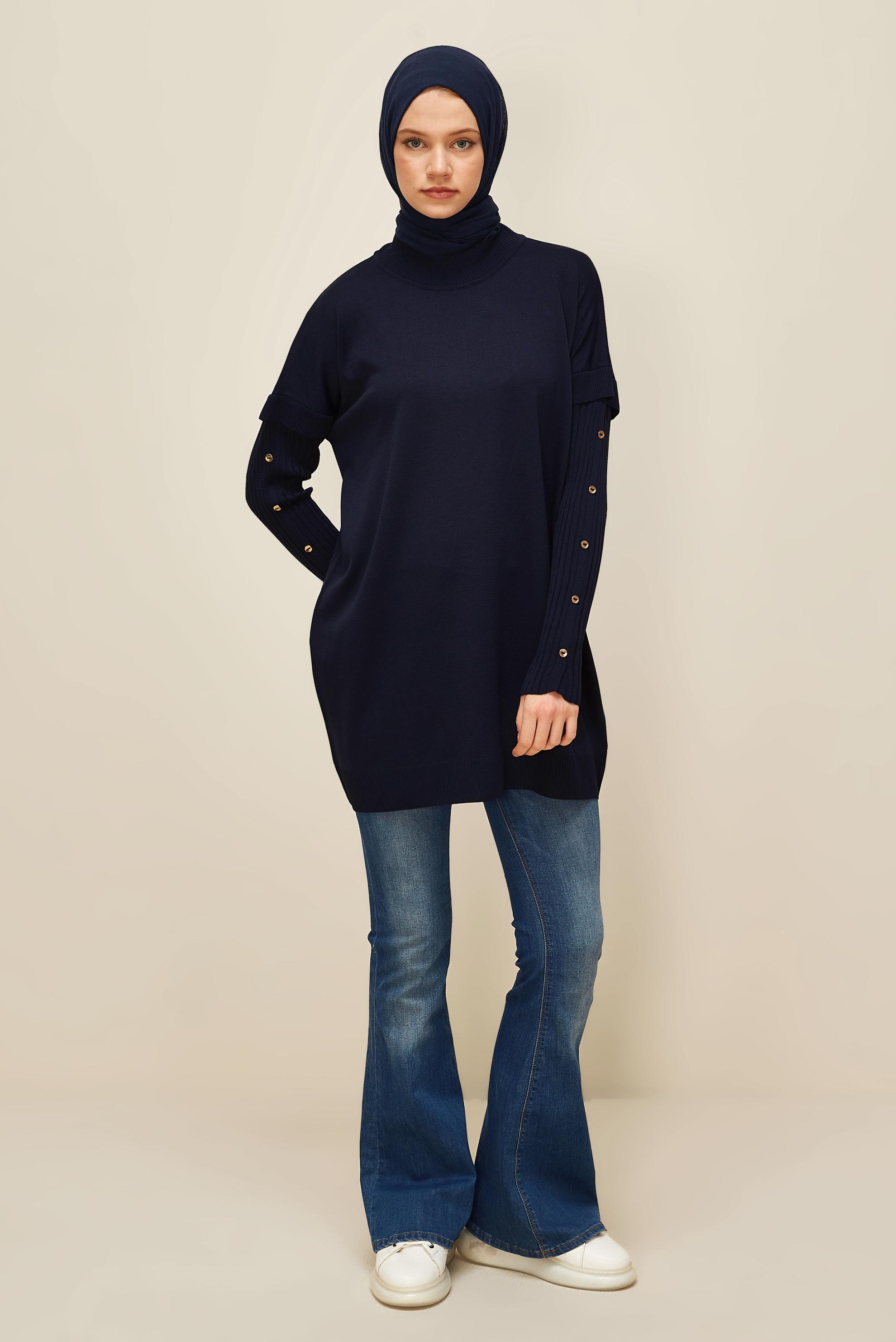 Tesettür giyim LACİVERT DÜĞME DETAYLI TRİKO TUNİK 45853