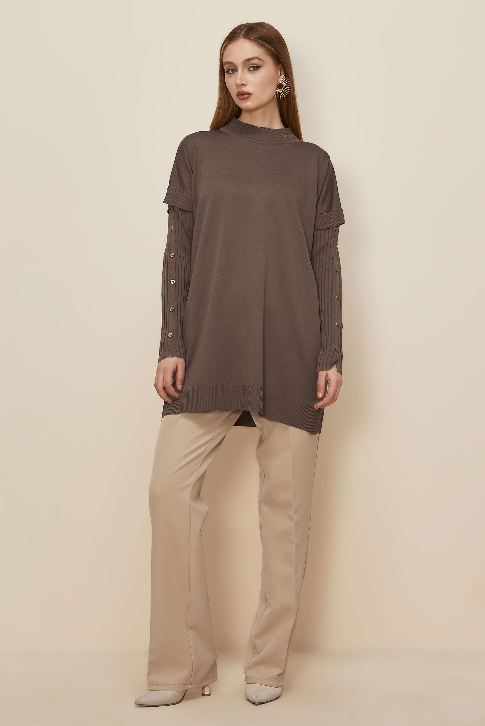 Tesettür giyim KAHVE DÜĞME DETAYLI TRİKO TUNİK 45853