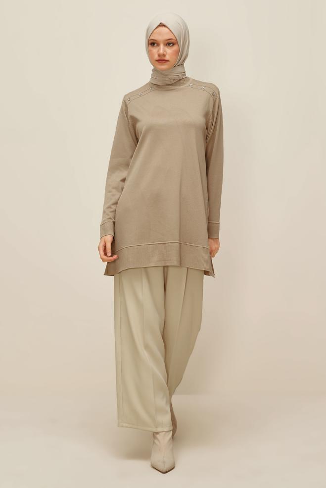 Hijab clothing BEIGE KNITWEAR TUNIC 45854 - ALVİNA