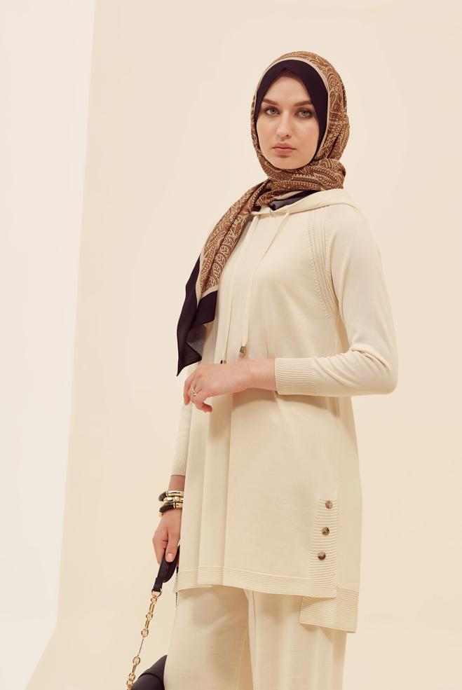 Hijab clothing BEIGE HOODED KNITWEAR TUNIC 45855 - ALVİNA