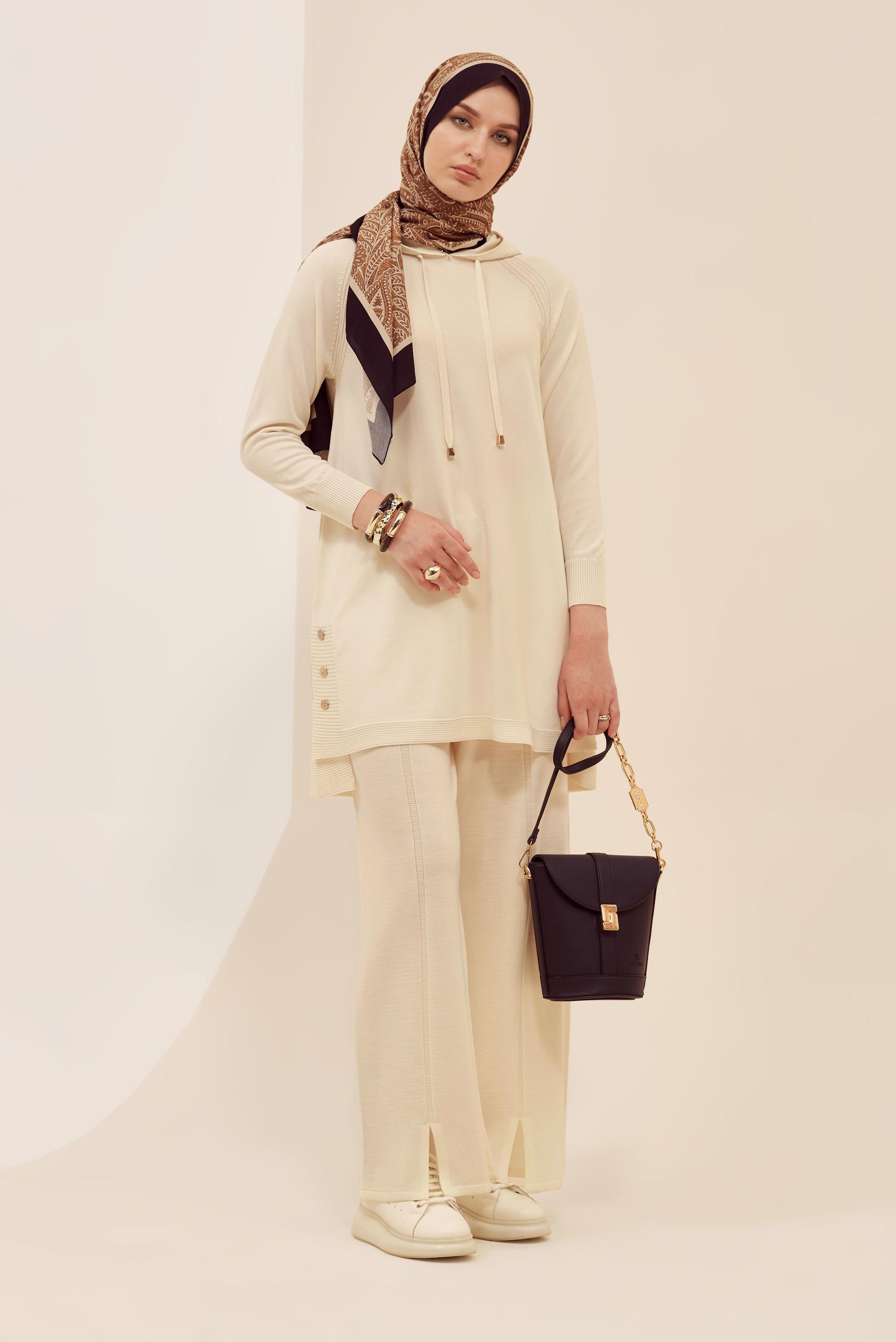 Hijab clothing BEIGE HOODED KNITWEAR TUNIC 45855