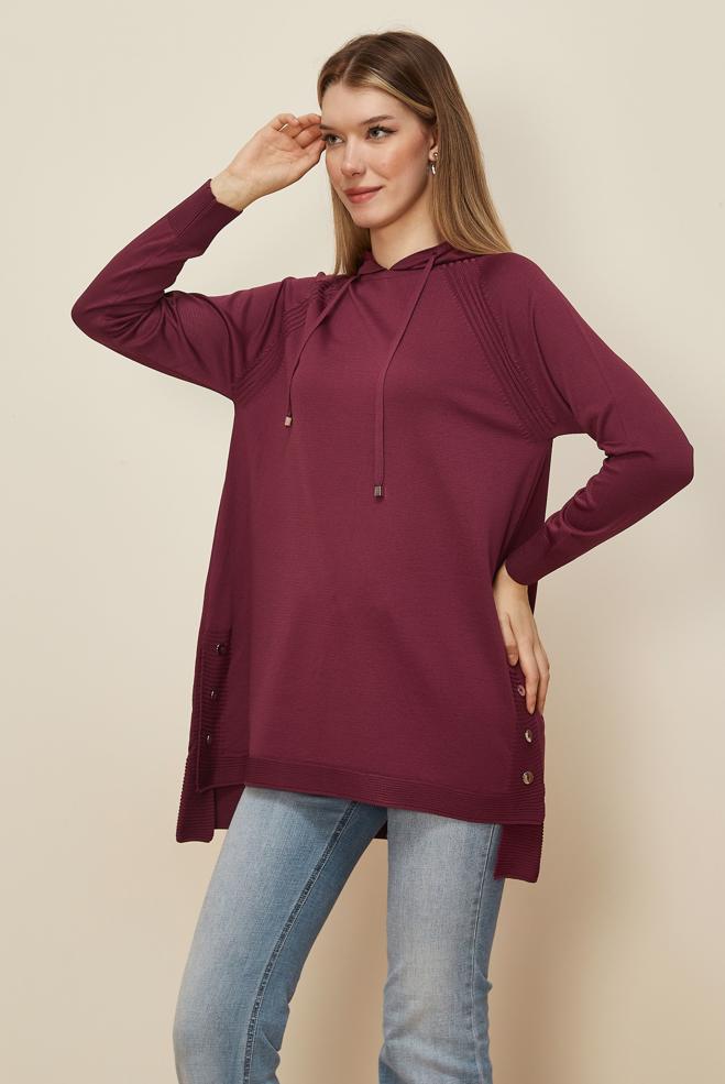 Tesettür giyim BORDO KAPÜŞONLU TRİKO TUNİK 45855 - ALVİNA