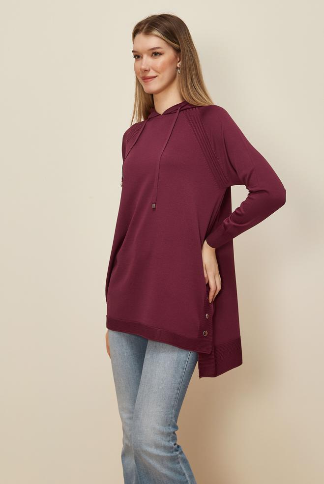 Tesettür giyim BORDO KAPÜŞONLU TRİKO TUNİK 45855 - ALVİNA