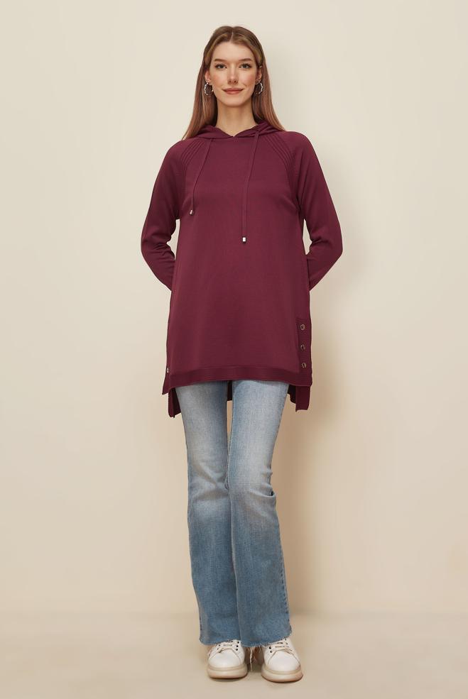 Tesettür giyim BORDO KAPÜŞONLU TRİKO TUNİK 45855 - ALVİNA