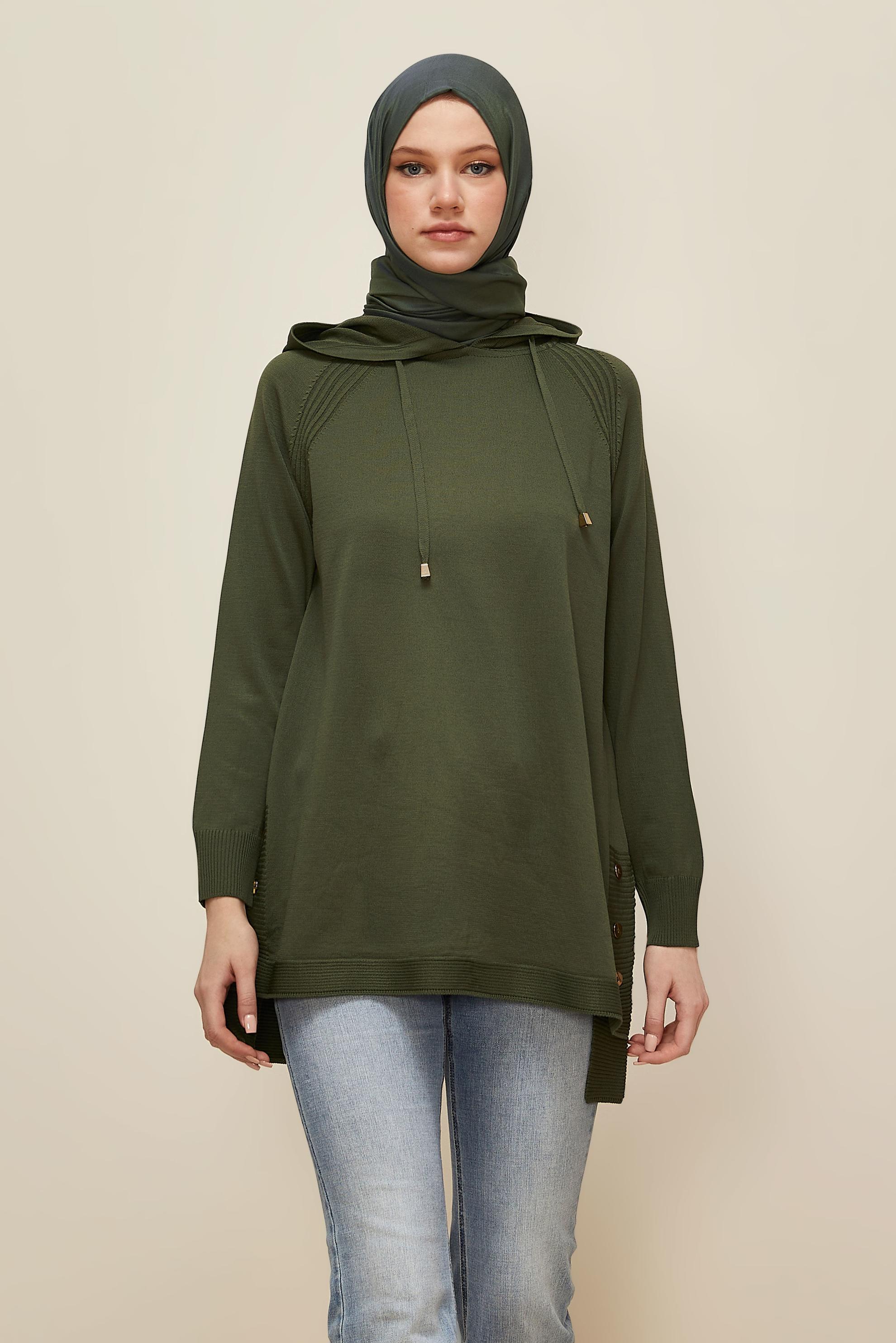 Tesettür giyim HAKİ KAPÜŞONLU TRİKO TUNİK 45855
