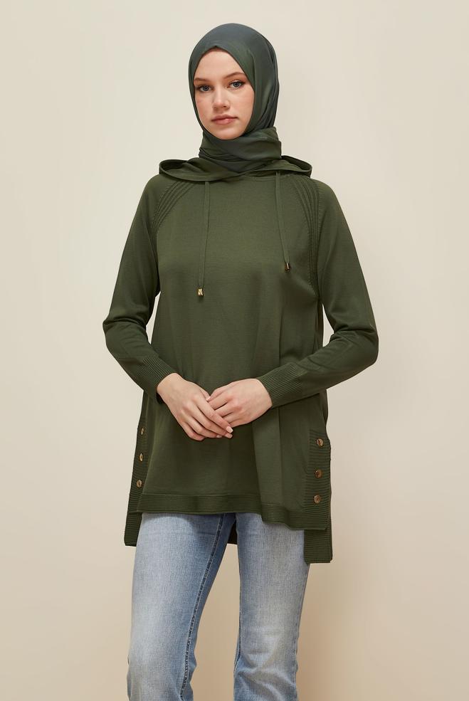 Tesettür giyim HAKİ KAPÜŞONLU TRİKO TUNİK 45855 - ALVİNA