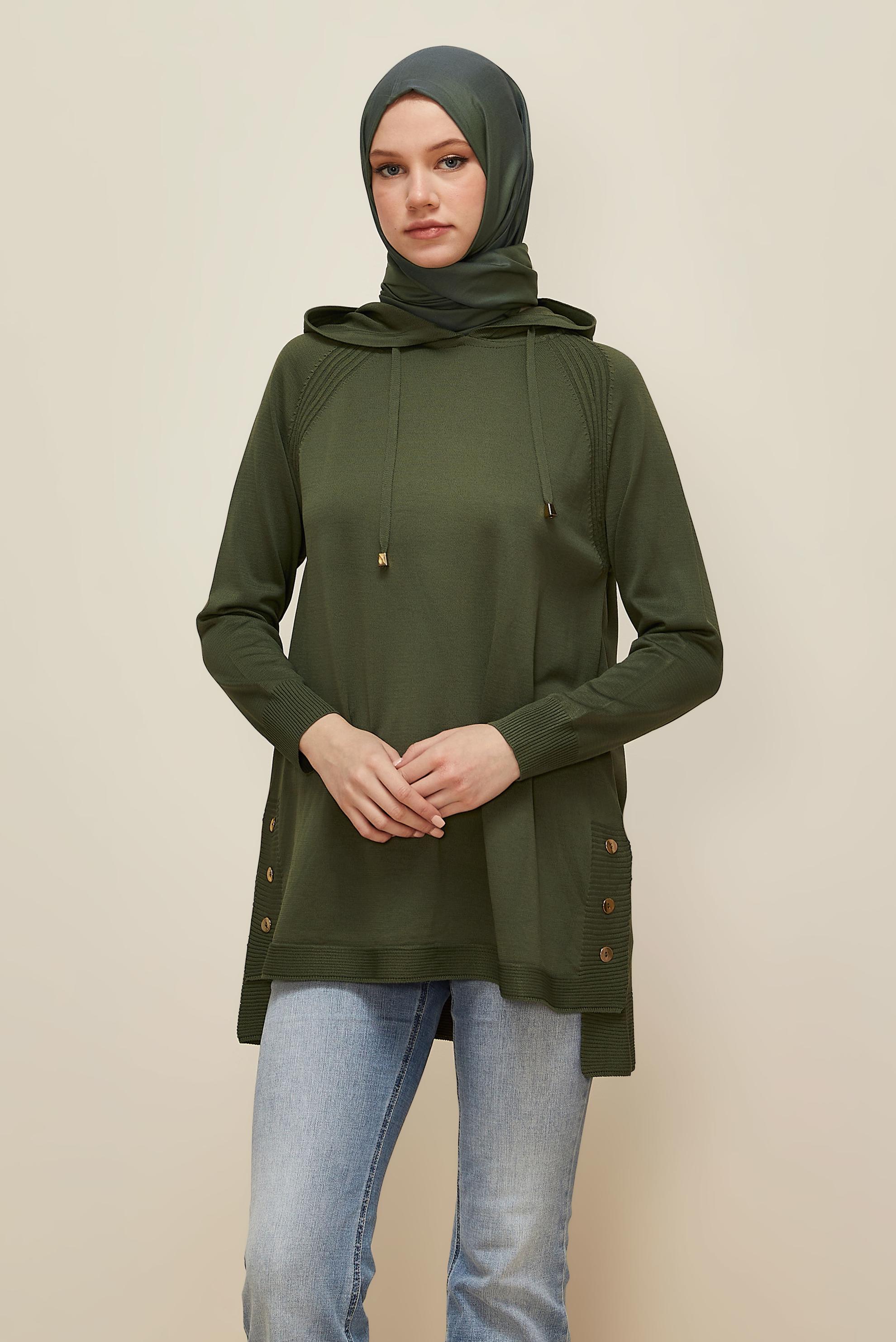 Tesettür giyim HAKİ KAPÜŞONLU TRİKO TUNİK 45855