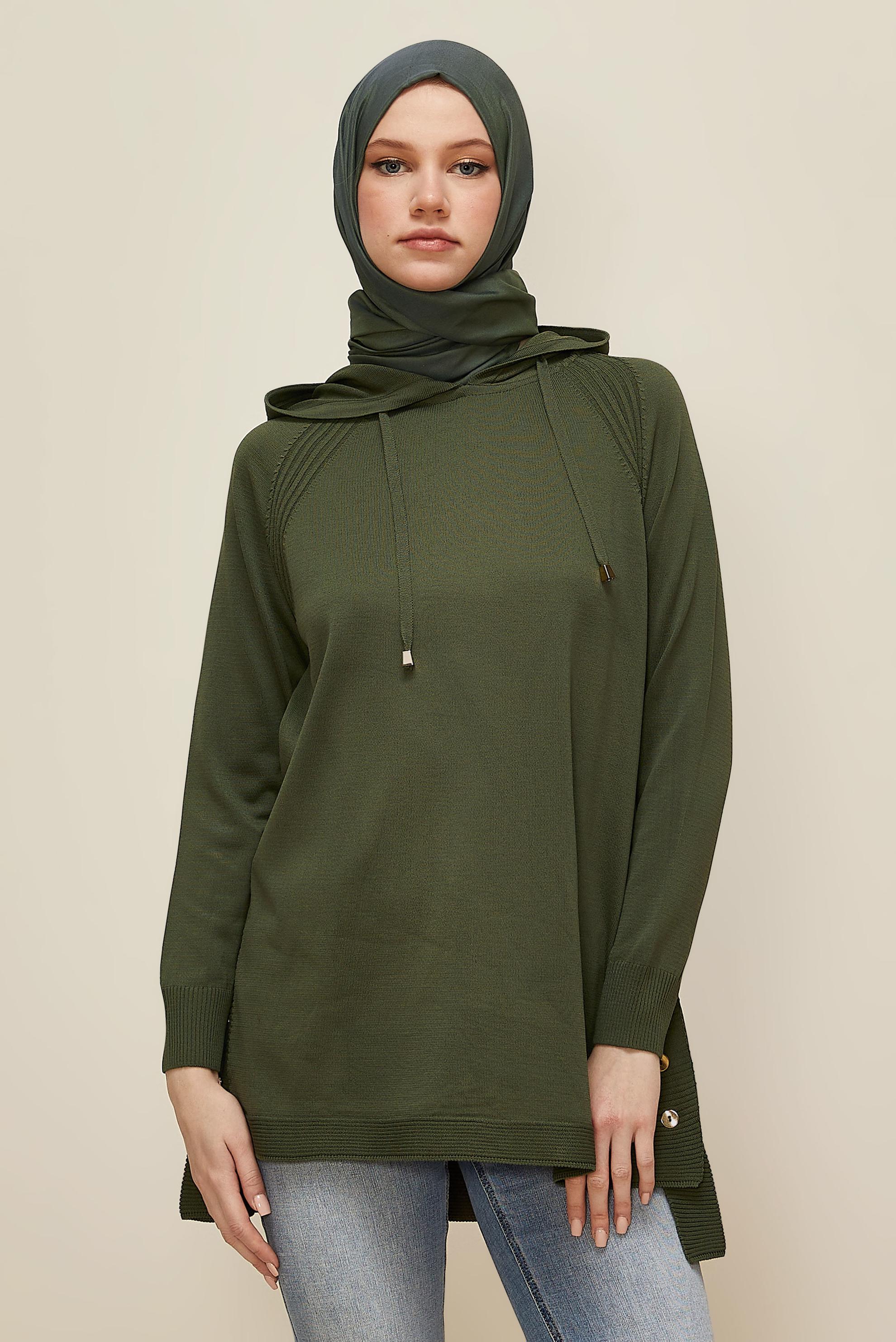 Tesettür giyim HAKİ KAPÜŞONLU TRİKO TUNİK 45855