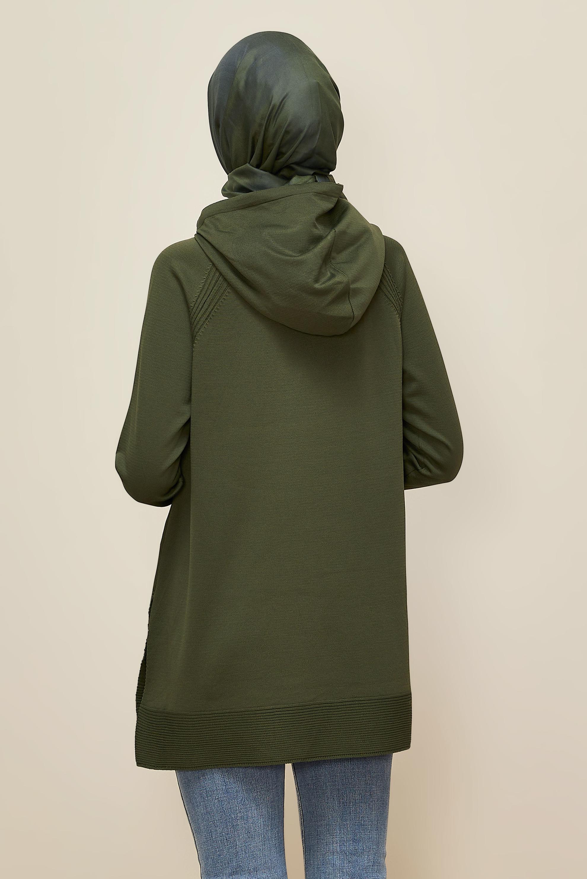Tesettür giyim HAKİ KAPÜŞONLU TRİKO TUNİK 45855