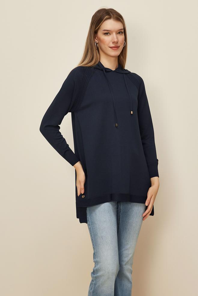 Tesettür giyim LACİVERT KAPÜŞONLU TRİKO TUNİK 45855 - ALVİNA