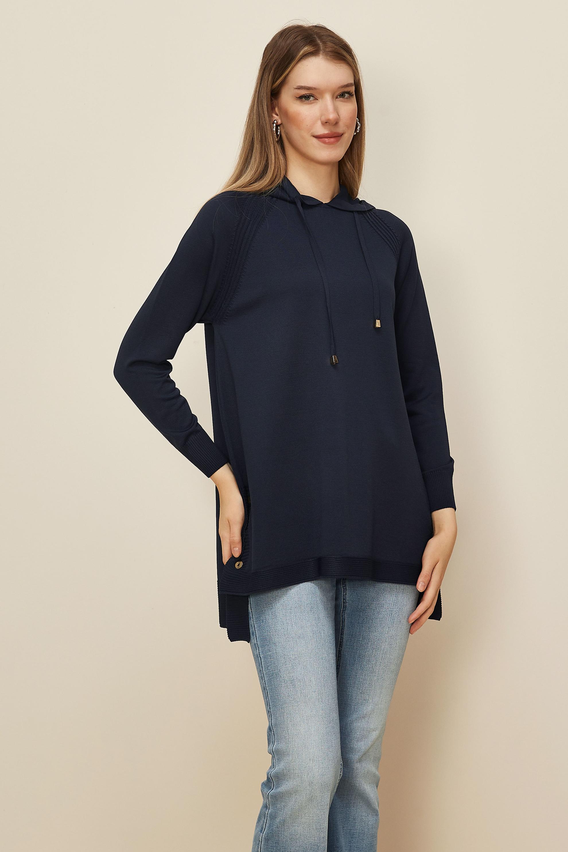 Tesettür giyim LACİVERT KAPÜŞONLU TRİKO TUNİK 45855