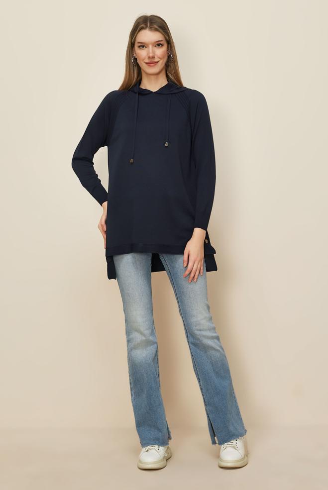 Tesettür giyim LACİVERT KAPÜŞONLU TRİKO TUNİK 45855 - ALVİNA