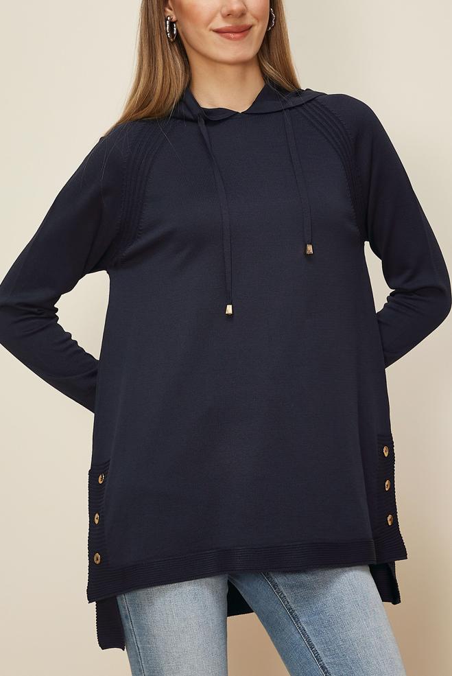 Tesettür giyim LACİVERT KAPÜŞONLU TRİKO TUNİK 45855 - ALVİNA