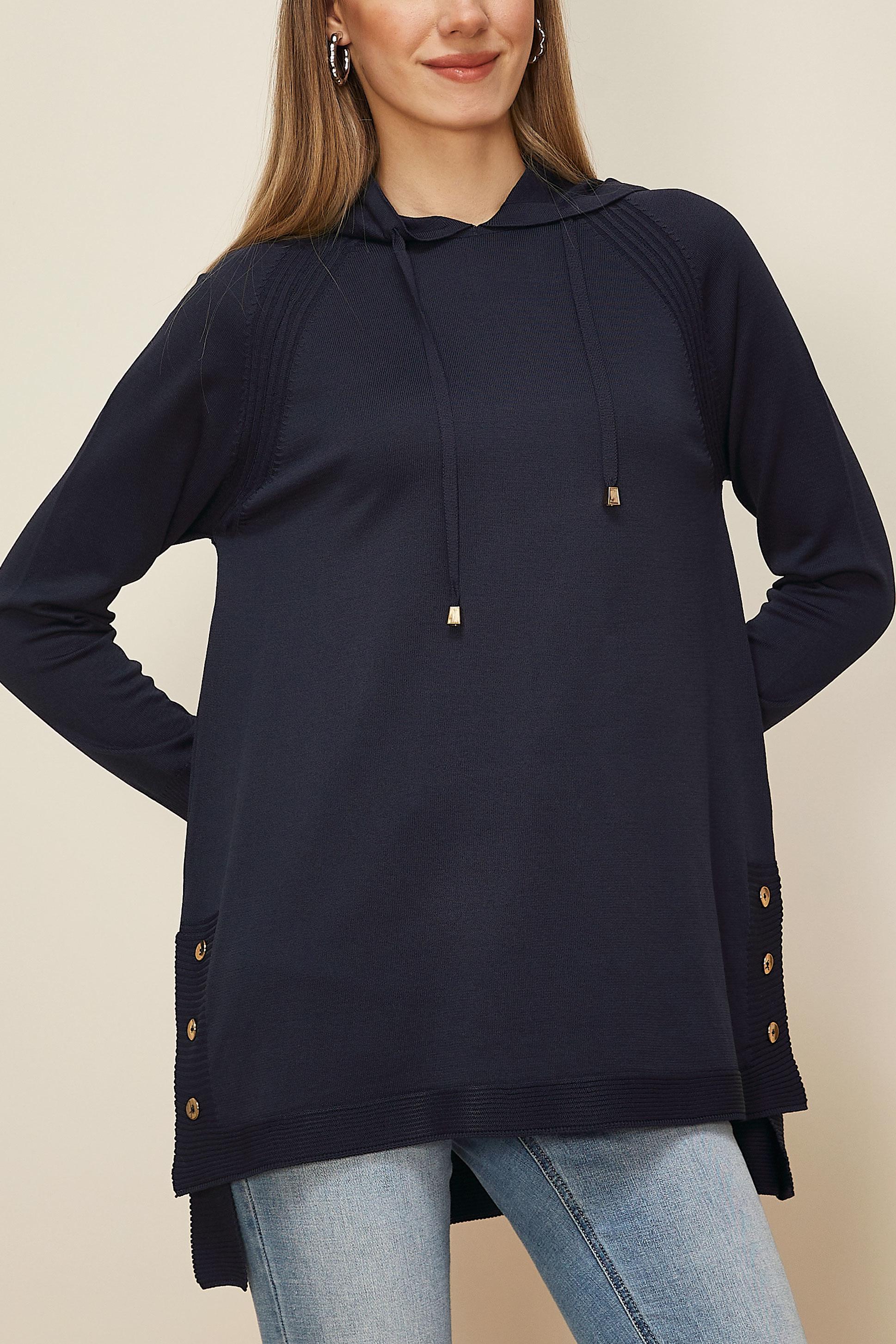 Tesettür giyim LACİVERT KAPÜŞONLU TRİKO TUNİK 45855