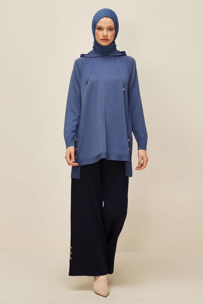 Hijab clothing NAVY BLUE HOODED KNITWEAR TUNIC 45855 - ALVİNA
