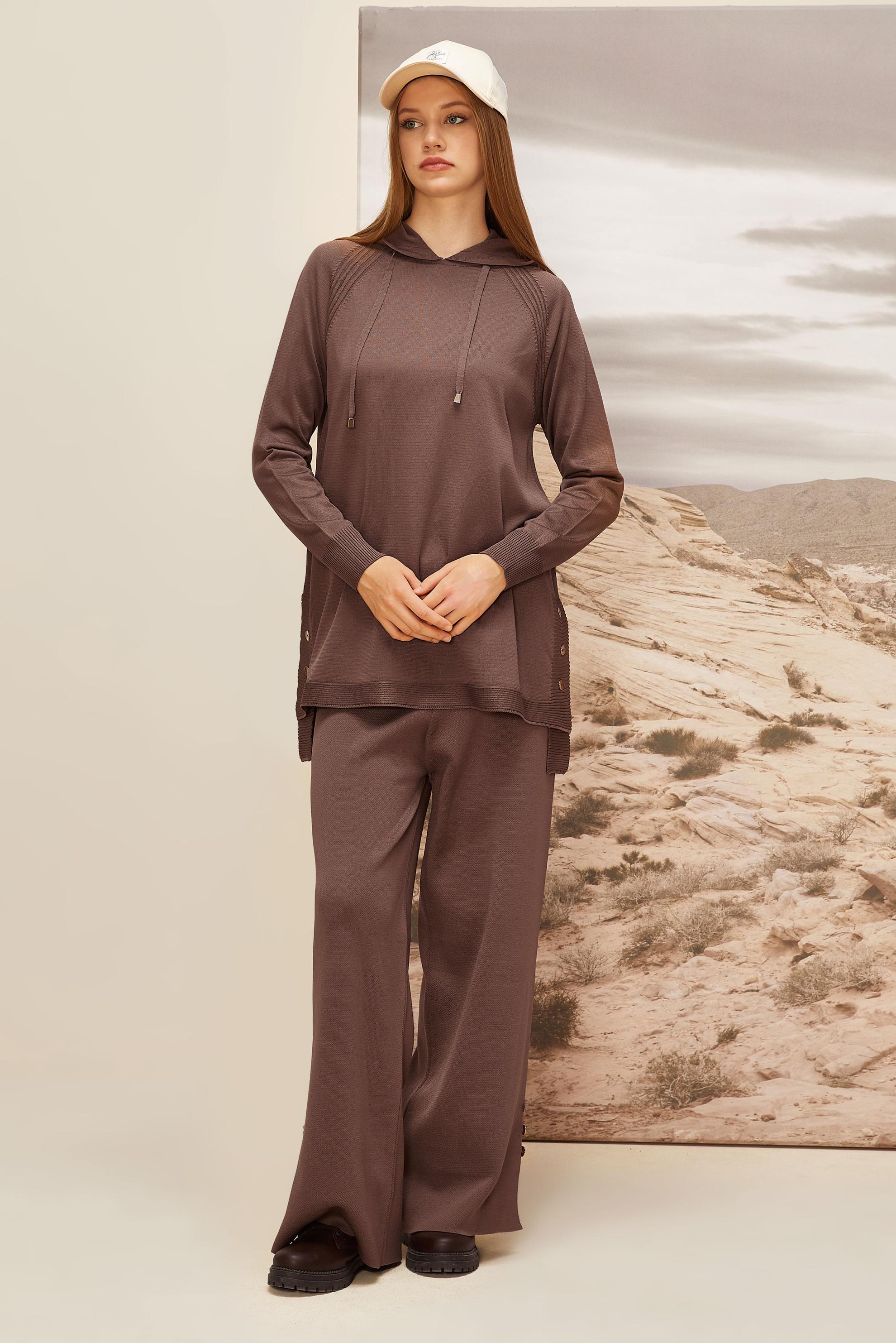 Tesettür giyim KAHVE KAPÜŞONLU TRİKO TUNİK 45855