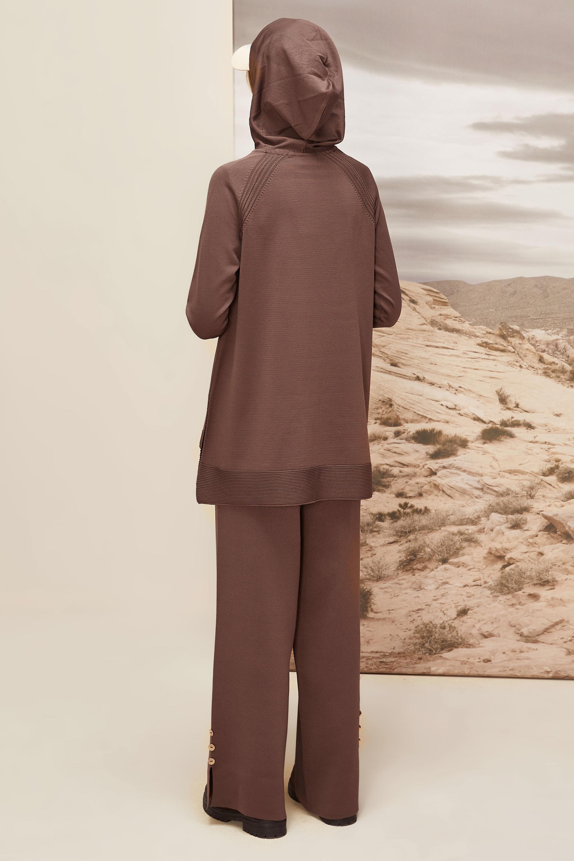 Tesettür giyim KAHVE KAPÜŞONLU TRİKO TUNİK 45855